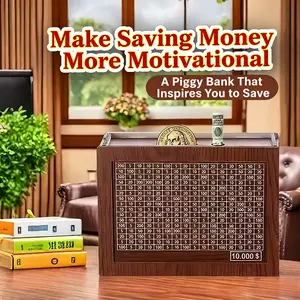 Wooden Money Saving Box with Lock, 10000 Savings Challenge Cash Coin Vault, Decorative Piggy Bank for Kids & Adults, Gift for Boys & Girls