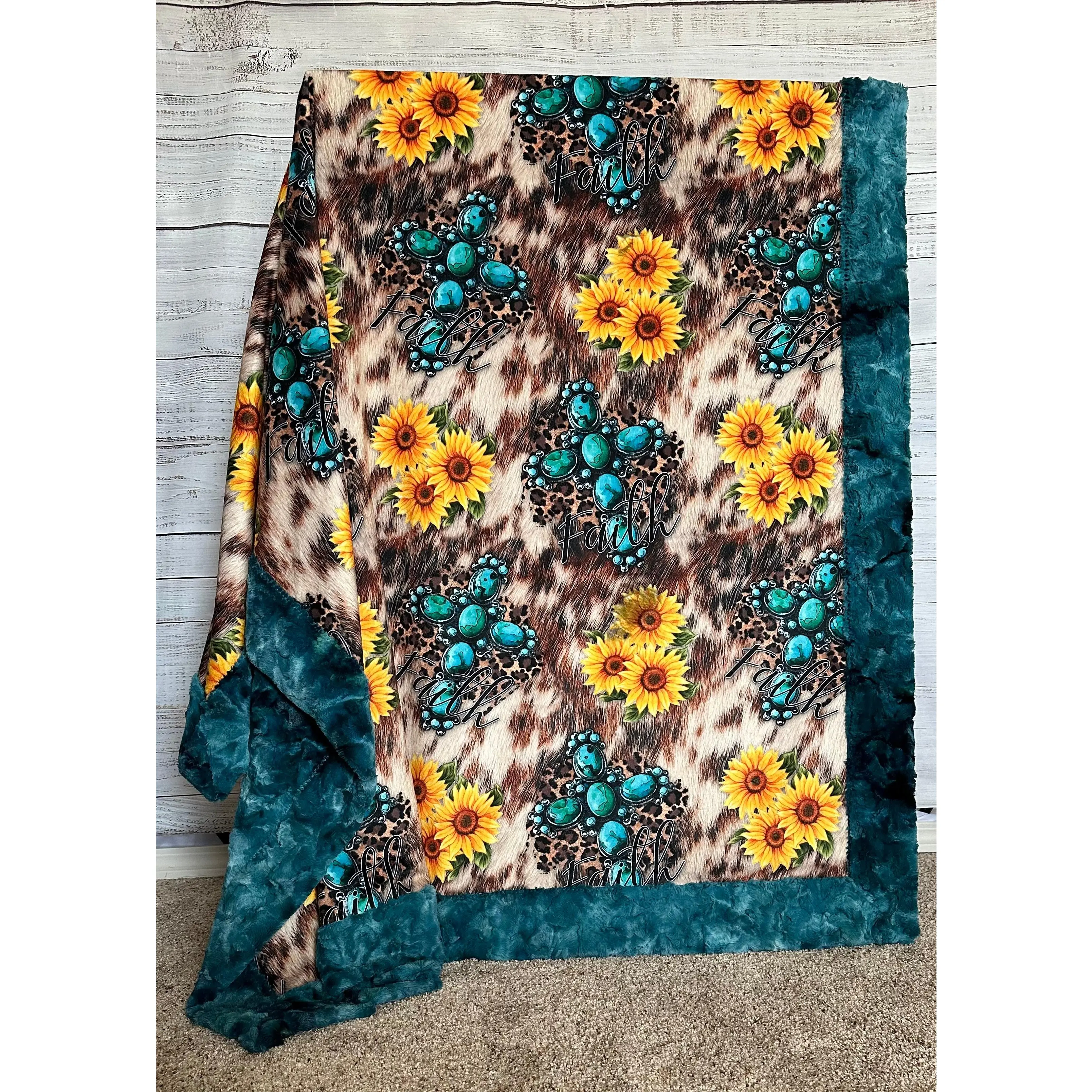 Turquoise Cross and Sunflowers on Mallard Luxe 55x77 Large Minky Blanket