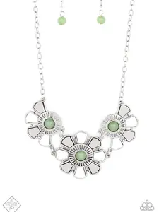 Aquatic Garden Coastal Charmer - Green Basil Beads with  Silver and White Shell-like Petals Necklace and Bracelet Set