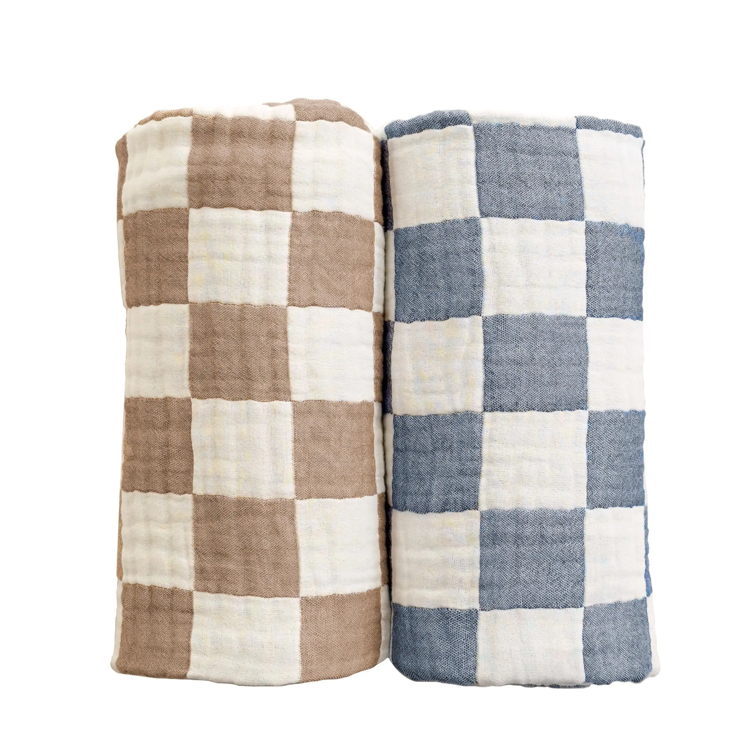 2pcs Ultra Soft Checkered Muslin Baby Blanket Pack - 40x40 Inch All-Season Swaddles, Brown & Checkered Design, Soft Breathable for Newborns & Toddlers