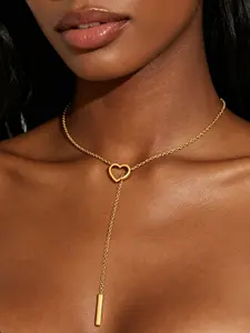 Waterproof Stainless Steel Y-Shaped Pull-Chain Necklace, Hollow Heart Vertical Rod, Adjustable Elegant Fashion Accessory for Women