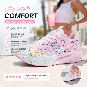 Lightweight Splatter Paint Running Shoes for Women - Comfortable Cushioned Thick Sole Walking Sneakers, Breathable Mesh Art Pattern Fitness Trainers