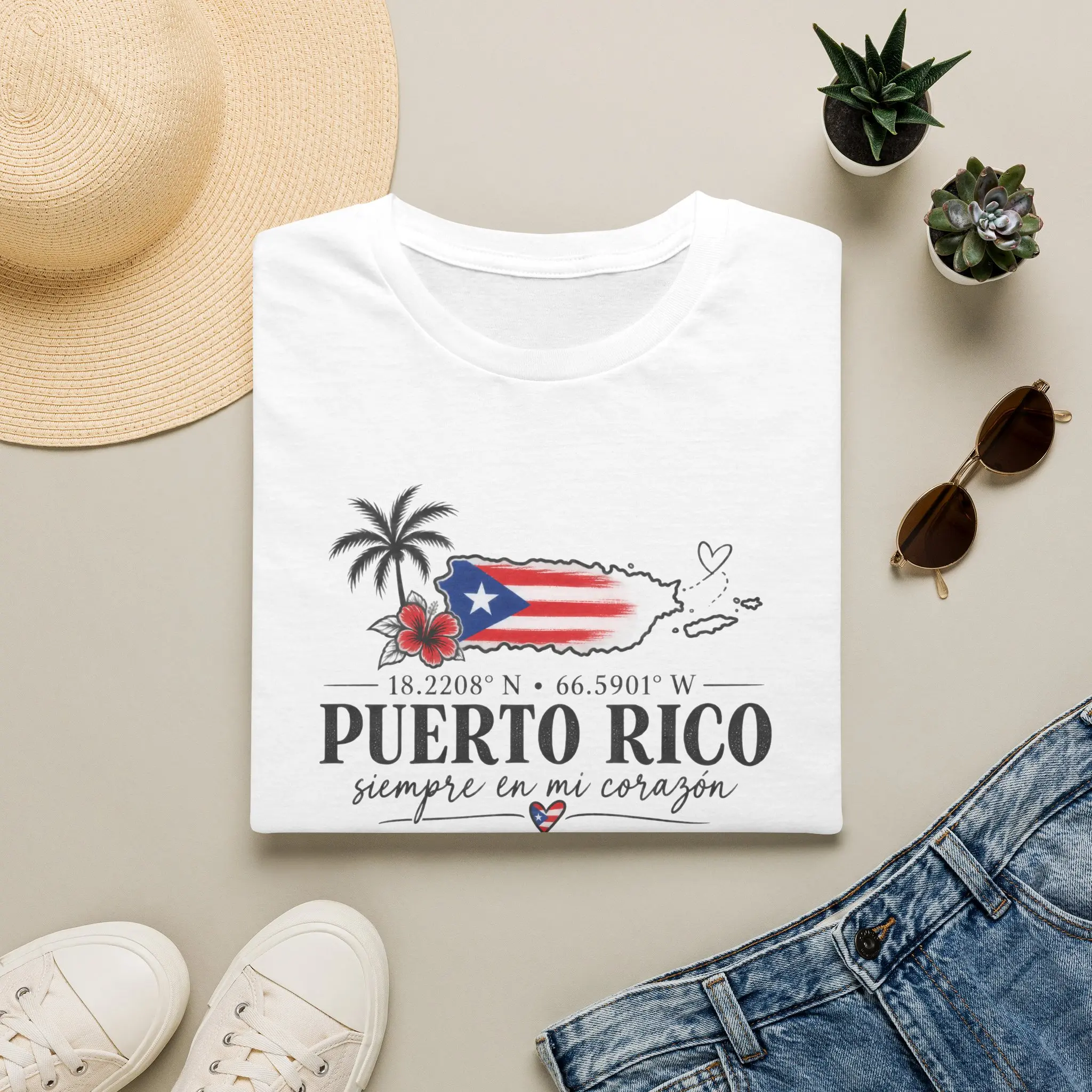 Puerto Rico Coordinates T-Shirt | Boricua Siempre en Mi Corazón Cotton Fabric