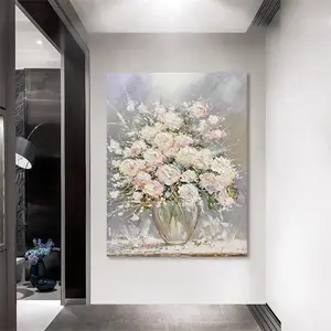 1pc Hand-Painted Oil Painting, Frameless or Framed, "White Vase" French-Style Creamy Hand-Painted Oil Painting, Minimalist Abstract Flowers, High-End Light Luxury Fresh Creative Warm Entryway Art Texture Painting, Living Room Sofa Background Wall	