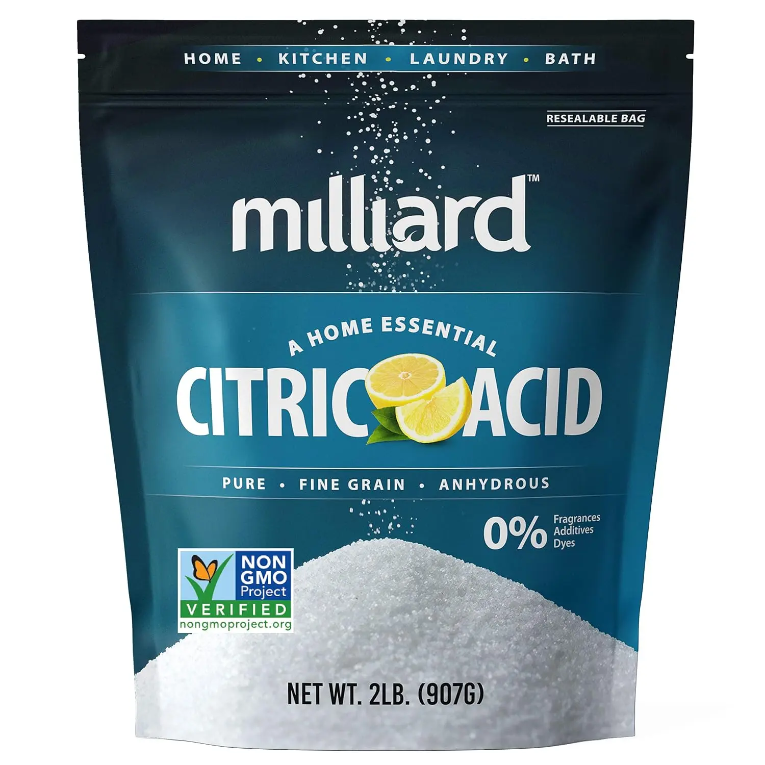 Milliard Citric Acid Powder Food Grade, 2 lb Bag, Bulk, 100% Pure, Non-GMO Project Verified, for Cleaning, Bath Bombs, Descaler, Dishwasher, Candy