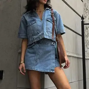 Women's Two-Piece Denim Outfit - Short-Sleeve Lapel Jean Top and Asymmetrical Shorts Set, Streetwear