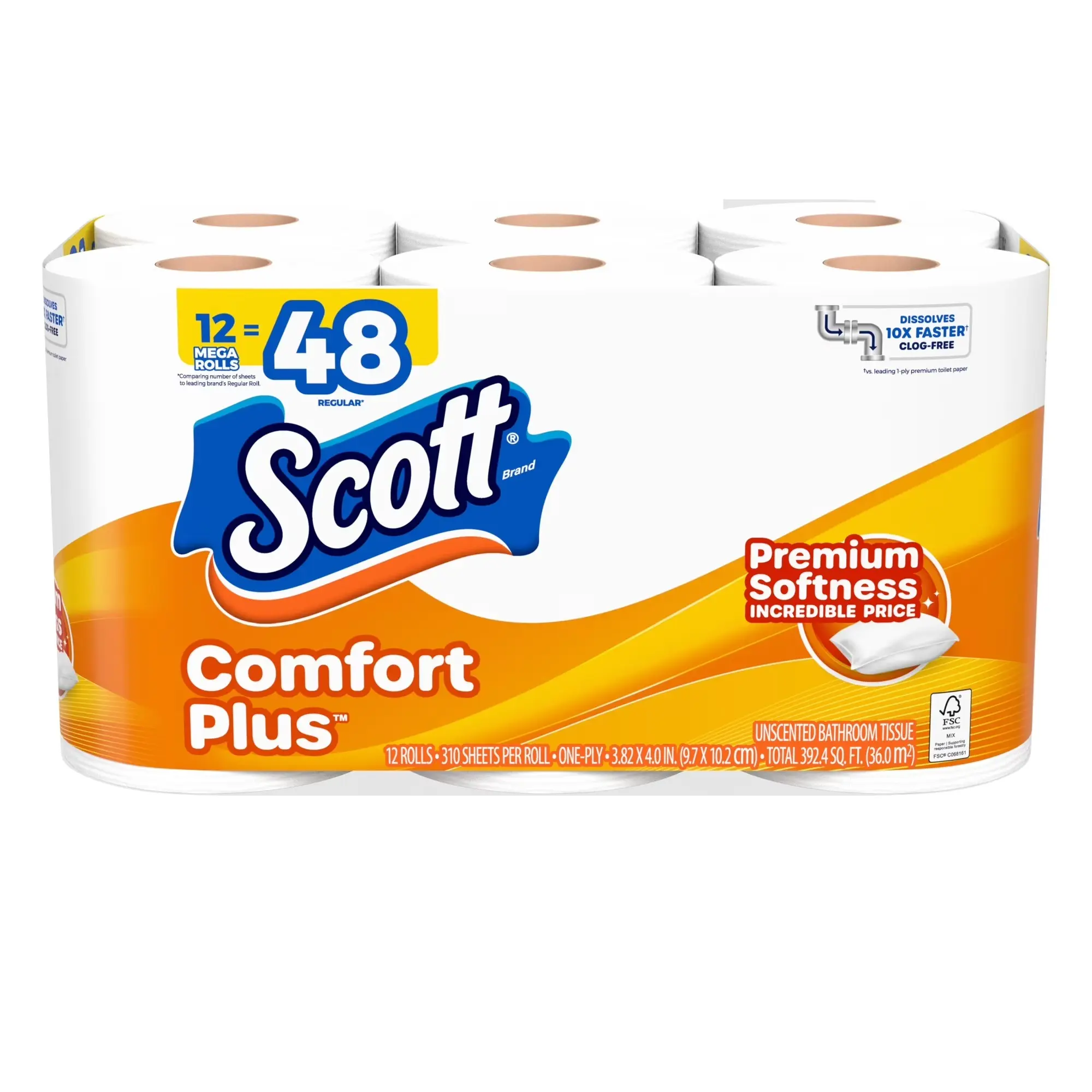 Scott ComfortPlus Toilet Paper, 12 Mega Rolls, 1-Ply, 310 Sheets per Roll, Soft & Strong Bath Tissue