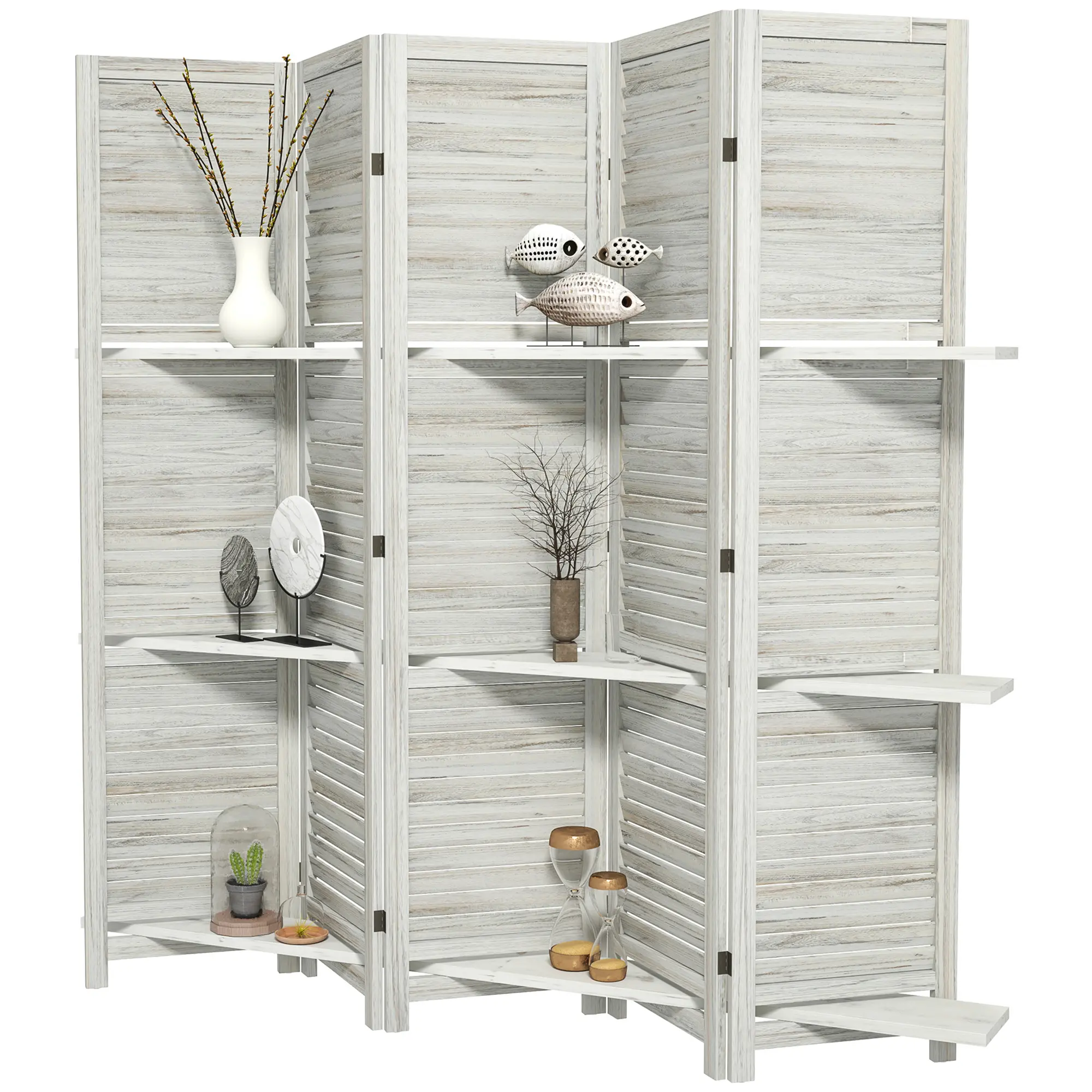 Distressed White 5-Panel 67" Tall Wood Room Divider with 3 Shelves, Folding Storage, and Privacy Function for Bedroom
