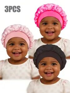 Three-Pack Baby Sleep Caps for Ages 1-3, Soft Stretch Silk-Like Material, Multiple Colors Available,oft Comfortable Sleeping Bonnet  Comfortable Hair Protection Hat, Soft Dome Cap