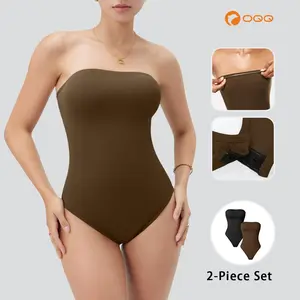 OQQ-Nine cents Womens Tube Bodysuits Strapless Basic Sleeveless Stretch Classic-Fit Tops Sexy Bodysuits