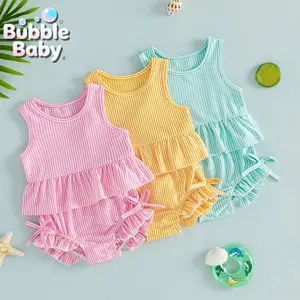 Fashionable Cute Baby Girl 2-Piece Striped Summer Outfit - Sleeveless Ruffle Hem Top & Matching Ruffle Bloomers with Side Ties | Toddler Beach & Playwear Set  Pink/Yellow/Green
