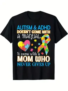 AUTISM & ADHD Doesn't Come With A Manual T-Shirt - Inspirational Casual Tee with Heart-Shaped Puzzle Piece and Colorful Ribbons, Perfect Gift for Proud Mom Supporting Neurodiversity and Resilience