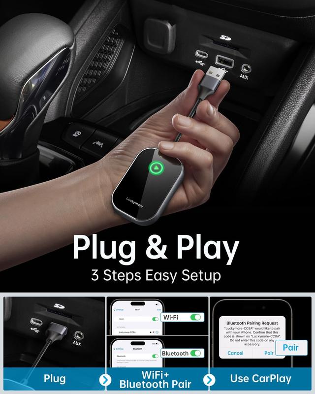 Carplay Adapter, Converts Wired to Wireless Carplay Dongle for Wireless Control Plug & Play Carplay Fit for Cars from 2015 & for Apple iPhone iOS 10+