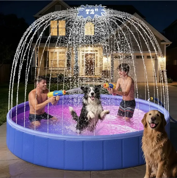 Foldable Dog Pool with Sprinkler & RGB LED Light, 72" Collapsible Hard Plastic Swimming Pool for Small Large Dogs Cats and Kids, Portable Pet Bathing Tub Wading Pool for Backyard Camping Blue