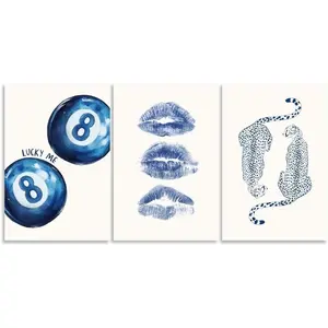 Trendy Navy Wall Art Set of 3 Retro Lucky Me 8 Ball Poster Modern Blue Kiss Lips Leopard Print Minimalist Preppy Aesthetic for Girls Bedroom Living Room Office Decor wall decor Unframed