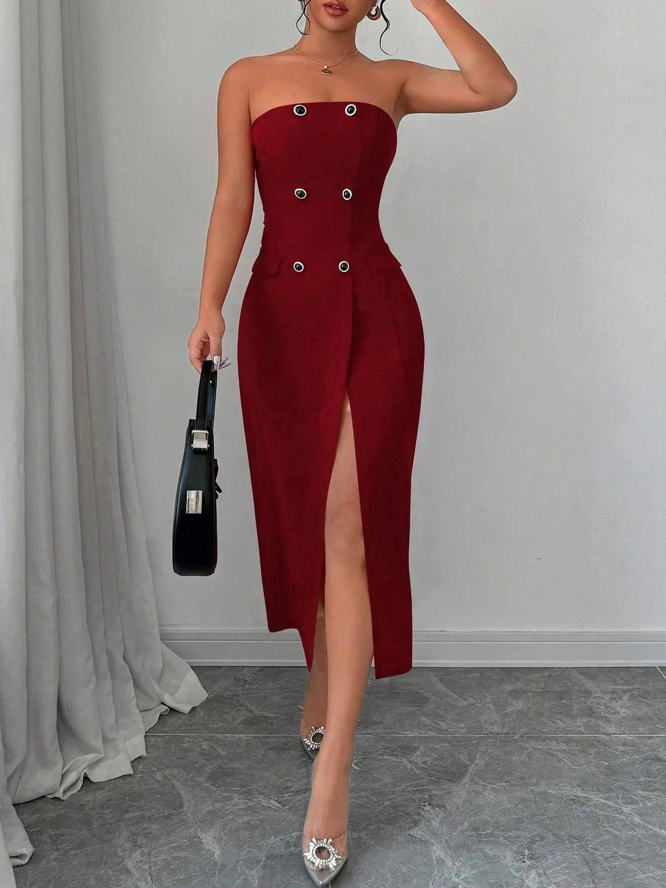 Elegant Burgundy Red Strapless Bodycon Midi Dress Double Breasted Front  Slit for Women Formal Evening Gown Perfect for Holiday Party Thanksgiving  Outfit - TikTok Shop