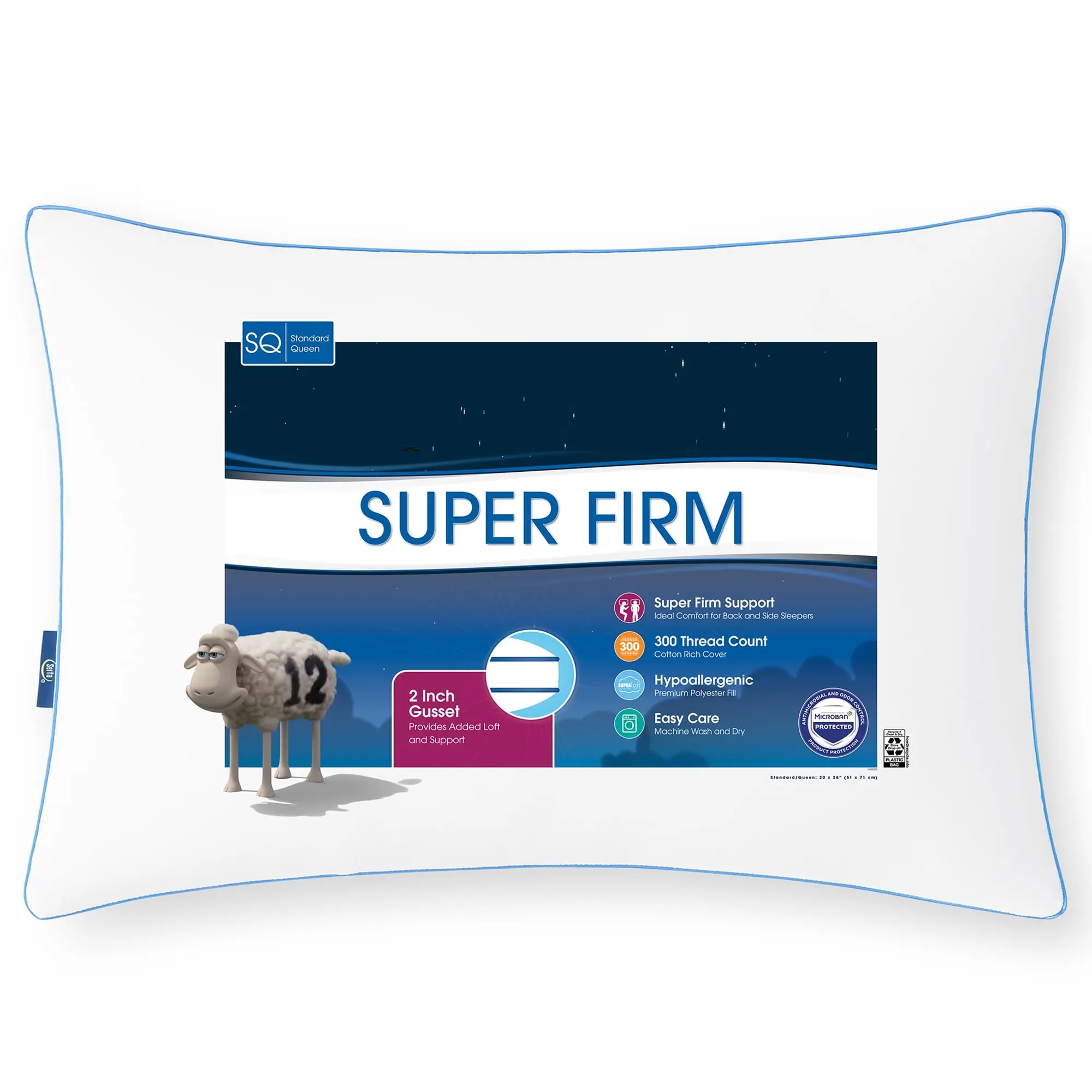 Super Firm Bed Pillow - Standard/Queen Size, Extra Support, Comfortable & Supportive Design, Soft Material, Hypoallergenic, 2 Inch Gusset