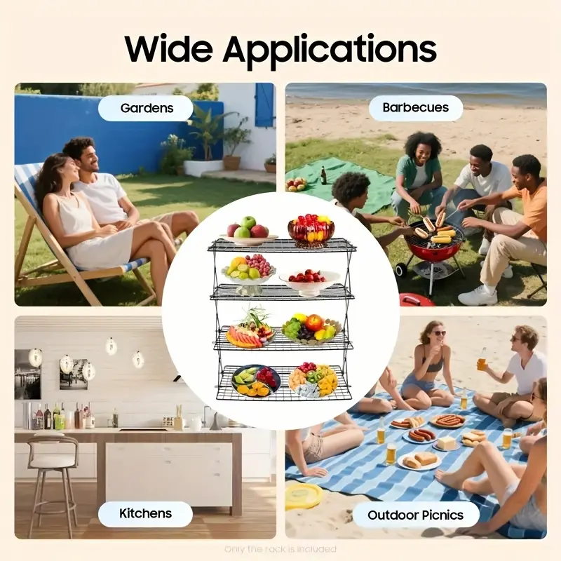 4-Tier Foldable Cooling Rack, Baking Pan Wire Rack, Outdoor Picnic Rack, Adjustable 4 Setting Designs, Collapsible Food Display Stand, Multi-Purpose Serving Tray, Camping Grill for for Baking, Roasting, Grilling, Picnics, with 20pcs Parchment Paper