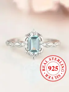 S925 Sterling Silver Ring Aqua Blue Synthetic sapphire geometric design engagement ring, stackable promise ring for women & girls, minimalist style, anniversary and Valentine's Day gift（with Box）
