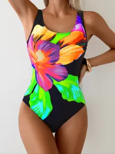 Women's Fashion Tropical Print One-Piece Swimsuit, Adult Ladies Stylish Swimwear, Comfortable and Trendy Bathing Suit