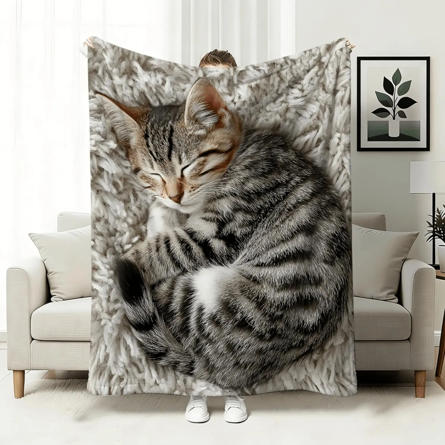 Flannel Cozy Cuddly Soft Warm Fluffy Oversized Lightweight Decorative Sleeping Cat Print Fleece Throw Blanket for Couch Bed Travel Winter Indoor