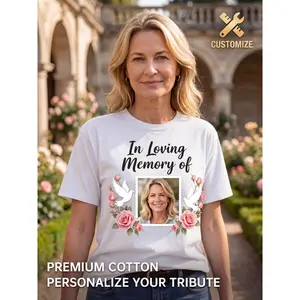 Personalized Custom Photo T-Shirt Premium Short Sleeve Crewneck Top in Loving Memory Tribute Shirt Dove Rose Print DIY Design for Men Women Funeral Memorial Service Remembrance Family Group Tee Breath