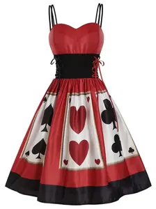 RED 1950S STRAP POKER COSTUME DRESS Vintage Womenswear Party Heart Clothes Classic