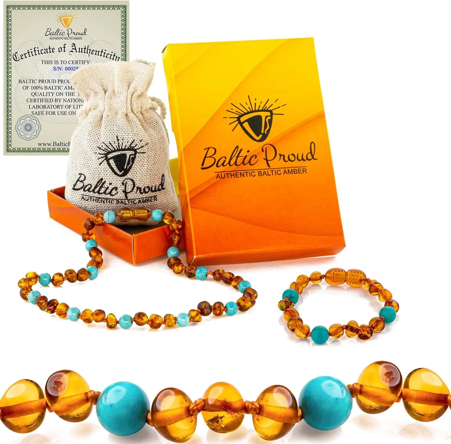 Baltic Amber Necklace & Bracelet Gift Set, Cognac Turquoise, 12.5"/5.5"
