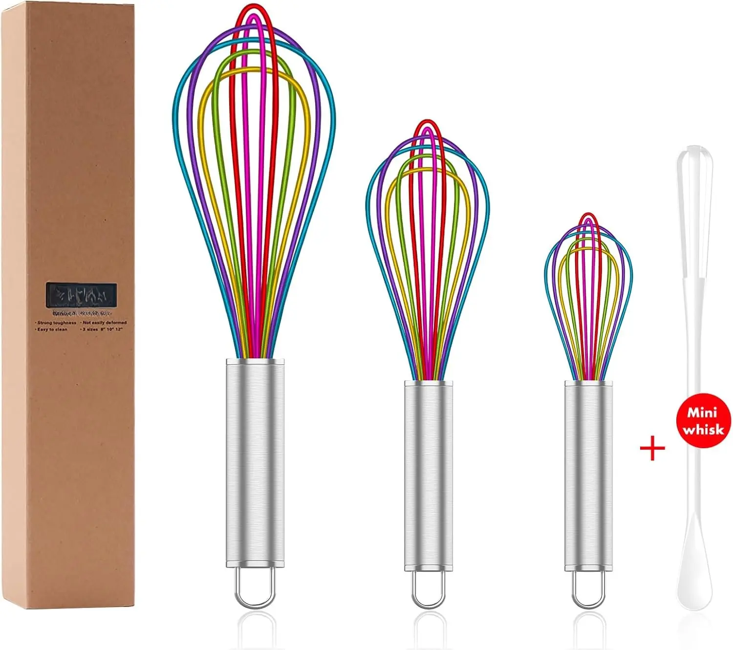 Whisk,Professional Whisks For Cooking Non Scratch,Stainless Steel &  Wisk,Plastic Rubber Whisk Tool For Nonstick Cookware,Silicon Wisks Set of 3,Rainbow,for Blending,Colorful.
