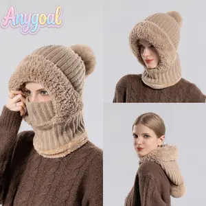 Anygoal Winter 3 in 1 Balaclava Hat Scarf Mask Set, Fleece Lined Windproof Thermal Hooded Neck Warmer with Ear Flaps for Outdoor Cycling Skiing