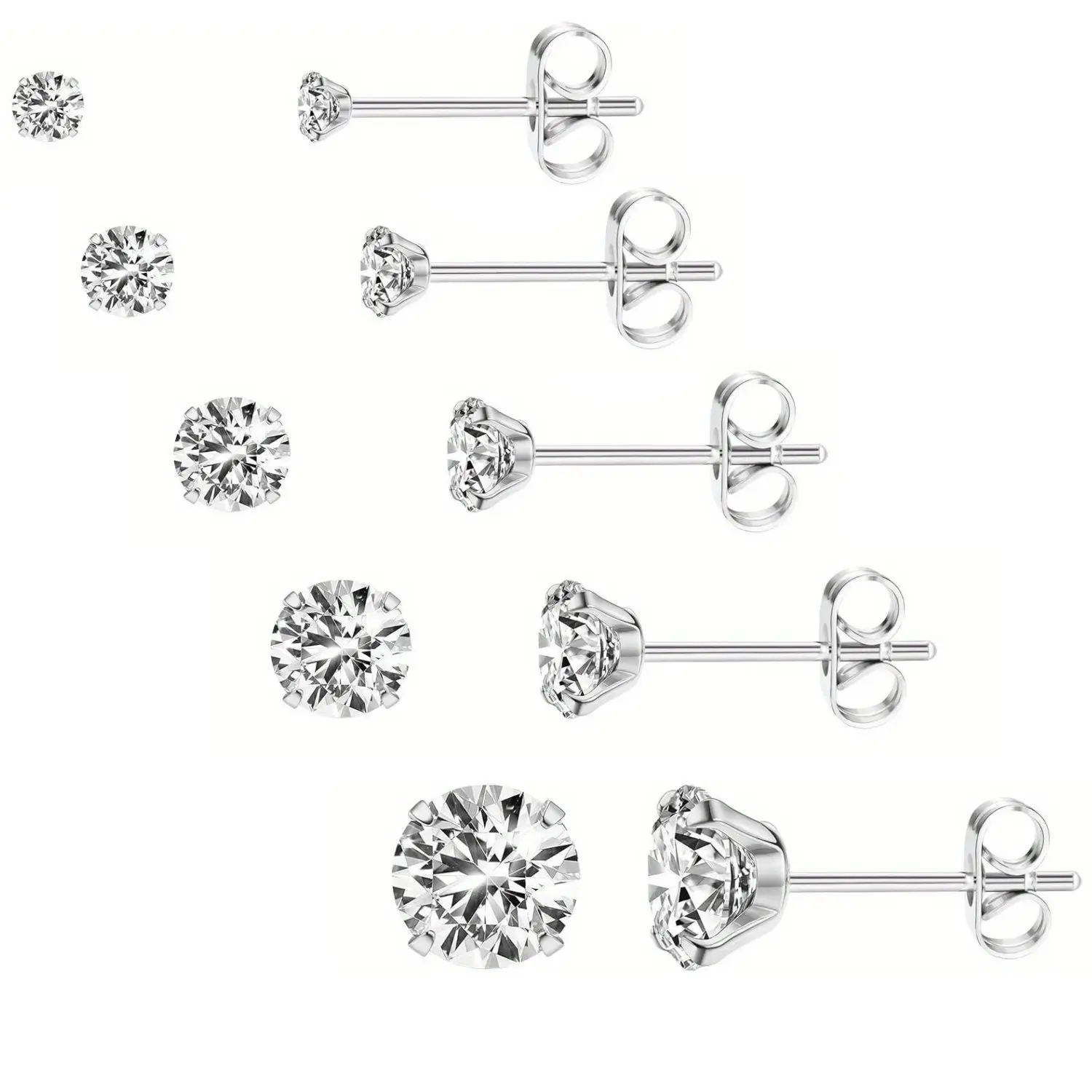 5 Pairs Stainless Steel Stud Earrings Set - Inlaid Shiny White Zirconia, Ear Cartilage Piercing Jewelry summerwins