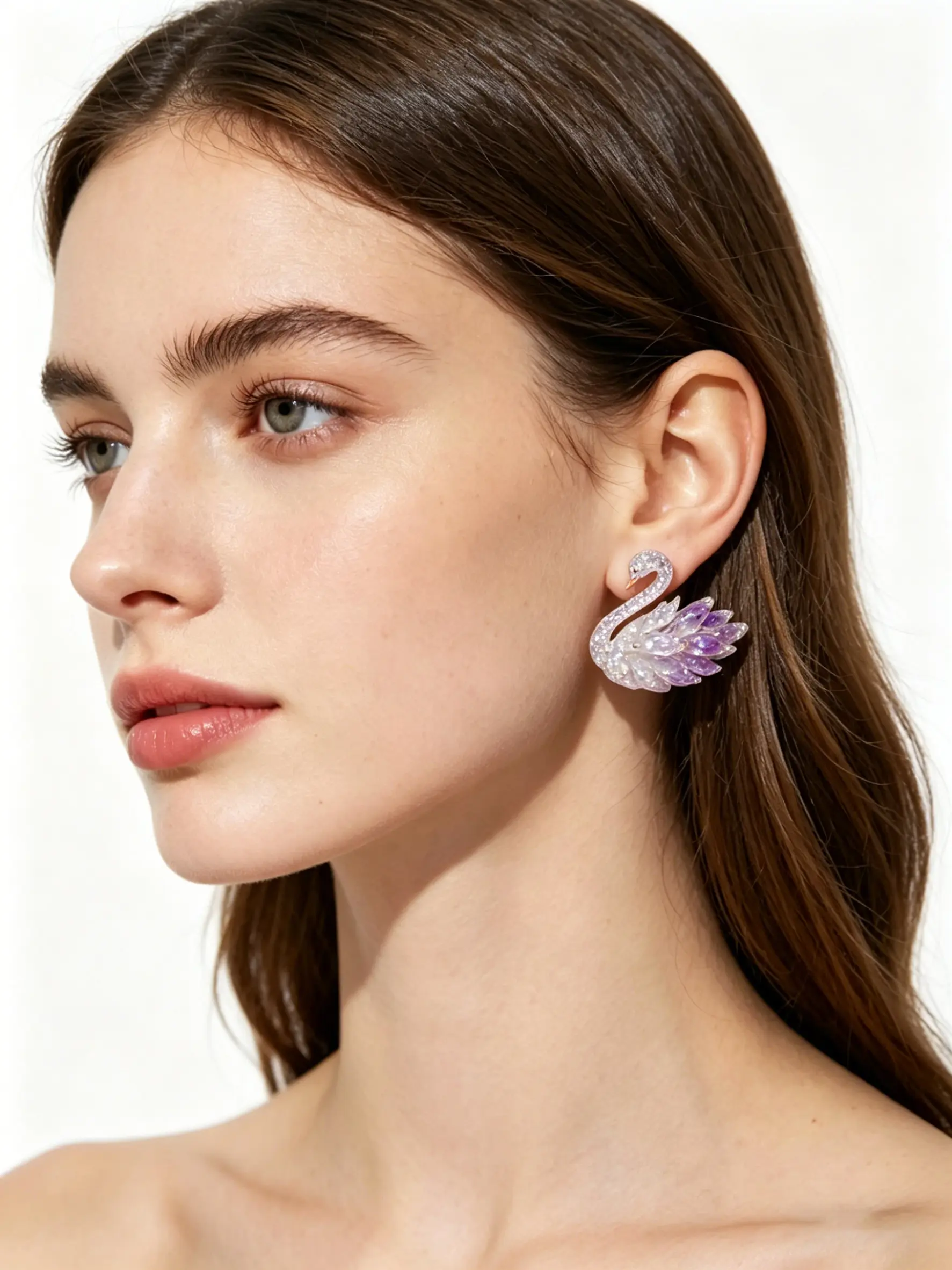 Elegant Gradient Swan Earrings, Copper Material, Dual Color Zircon Embedded, 3D Swan Design, Unique Style, Daily Wear Jewelry