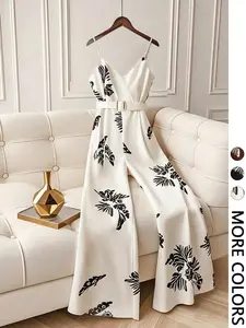 This Tropical Print Jumpsuit Womenswear is Vacation Ready Casual Strap Wide Leg with Belt