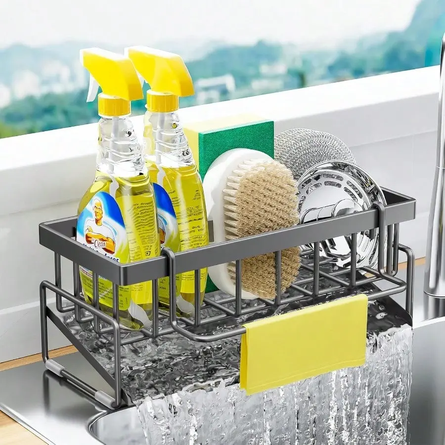 Sponge Holder for Kitchen Sink, Sink Caddy with Dishcloth Rack, Kitchen Sink Storage Rack Organizer Countertop Rustproof, Soap Dispenser Organizers and Storage Essentials carbon steel material