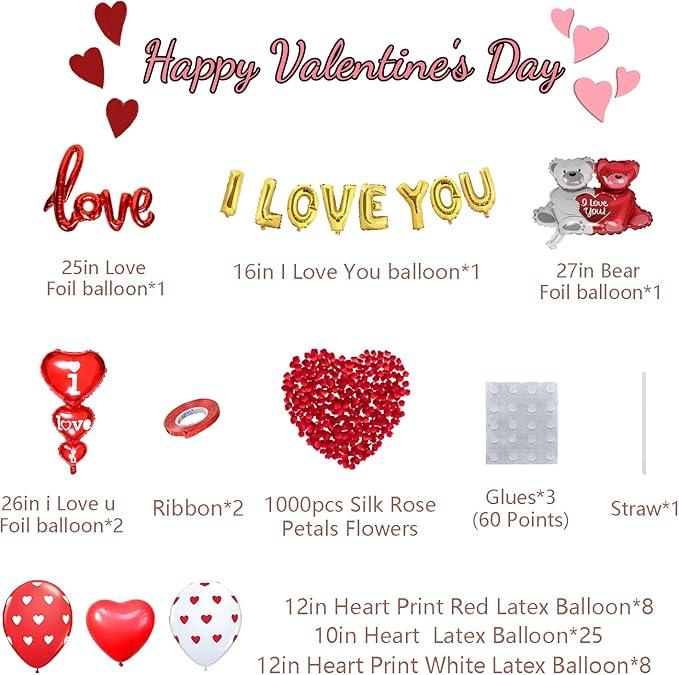 New Deal - Valentines Day Balloons Decorations I Love You Balloons and Heart Balloons Kit with 1000Pcs Red Silk Rose Petals Flower Decoration Love-Bear Heart Print Balloons Banner for Valentine Party Decorations
