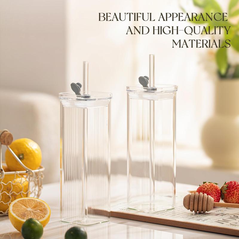 Nifogo Glass Cups with Lids & Straws, 8 Sets Square Ribbed Drinking Glasses with Lids, Clear Highball Tumblers for Cocktail, Coffee, Juice, Beer, Modern Mixed Drinkware Jars(13oz)