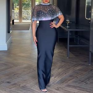 CHICME 2 Pieces Outfit Zipper Back Slit Slim Fit Strapless Maxi Dress and Rhinestone & Pearls Decor High Neck Zipper Back Sheer Mesh Poncho Cape for Wedding Guest & Wedding