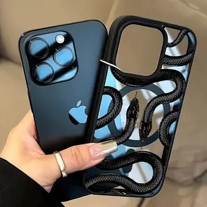 This macaron-patterned magnetic phone case features a two-black python design, supports wireless charging, and is compatible with iPhone 11 through 17 Pro Max, as well as Galaxy S25, S24, and S23 Ultra.