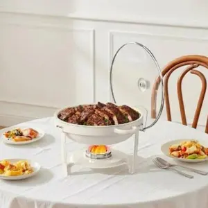 White Chafing Dishes for Buffet with Glass Lid (5QT, 2/4Pack), Maifanite-Coated Round Chafing Dish Set w/Mirror-Polished Stainless Steel, Rolled Rim, Stackable, Lid Holder for Party, Wedding outdoorfun