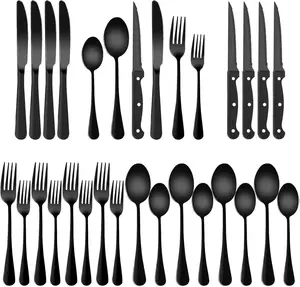 24-Piece Black Silverware Set with Steak Knives Black Stainless Steel Flatware Set for 4 Food Grade Tableware Cutlery Set Rust-proof, Mirror Polished, Dishwasher Safe