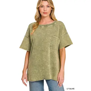 Zenana French Terry Washed Drop Shoulder Raw Edge Top