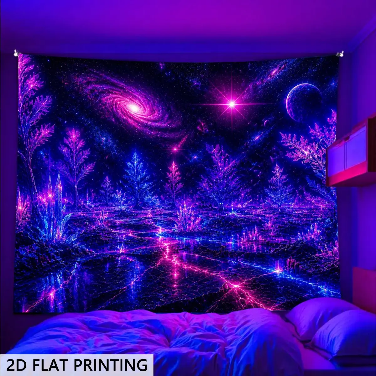 2D Flat, Glow in The Dark Tapestry Wall Hanging - UV Blacklight Reactive Suitable for Bedrooms, Game Rooms & Dorms, Retro Glow Wall Decor with Vertical Cosmic Galaxy Crystal Forest Design, UV Activated for Parties, Offices (No Revision), 2D Flat,family