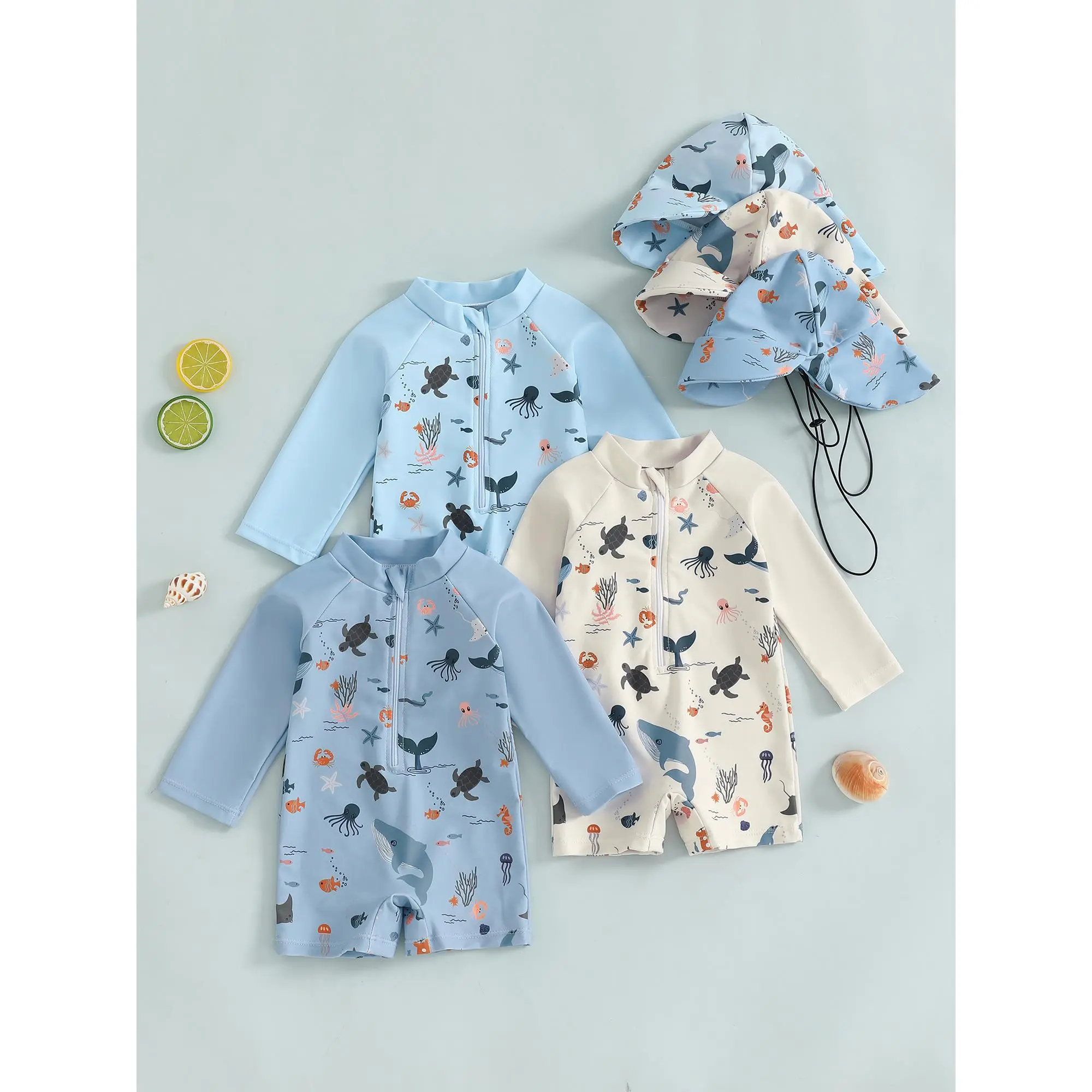 Baby Boys' Rash Guard Swimsuit Set with Hat, Long Sleeve 1-Piece Marine Animals Print Polyester Elastane Beachwear, Zipper, Marine Print, 1 Swimsuit, Front Zipper, Casual Swim, 0 - 3 Months, 1 Hat