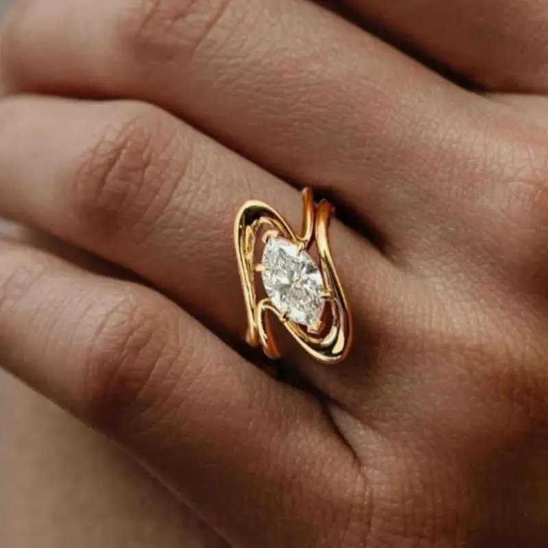 Gold Color Geometric Shaped Marquise Cut Ring with Marquise Synthetic Zircon, Perfect Birthday or Anniversary Gift, Ideal for Daily Wear and Date Night, Jewelry Gifts, Jewelry Rings