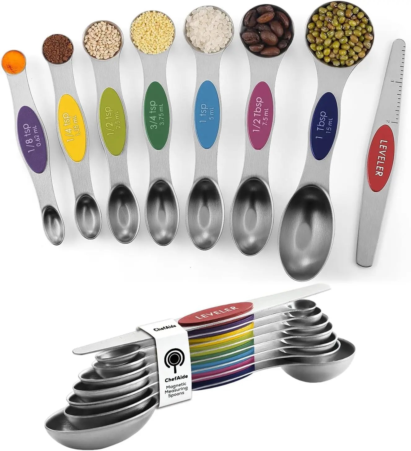 Premium Stainless Steel Magnetic Measuring Spoons Set, 8-Piece Dual Sided Measuring Spoon Set, Stackable Measuring Spoons with Leveler, Adjustable Teaspoon & Tablespoon Measuring Spoons, Kitchen Measuring Tools, Baking & Cooking Gadgets