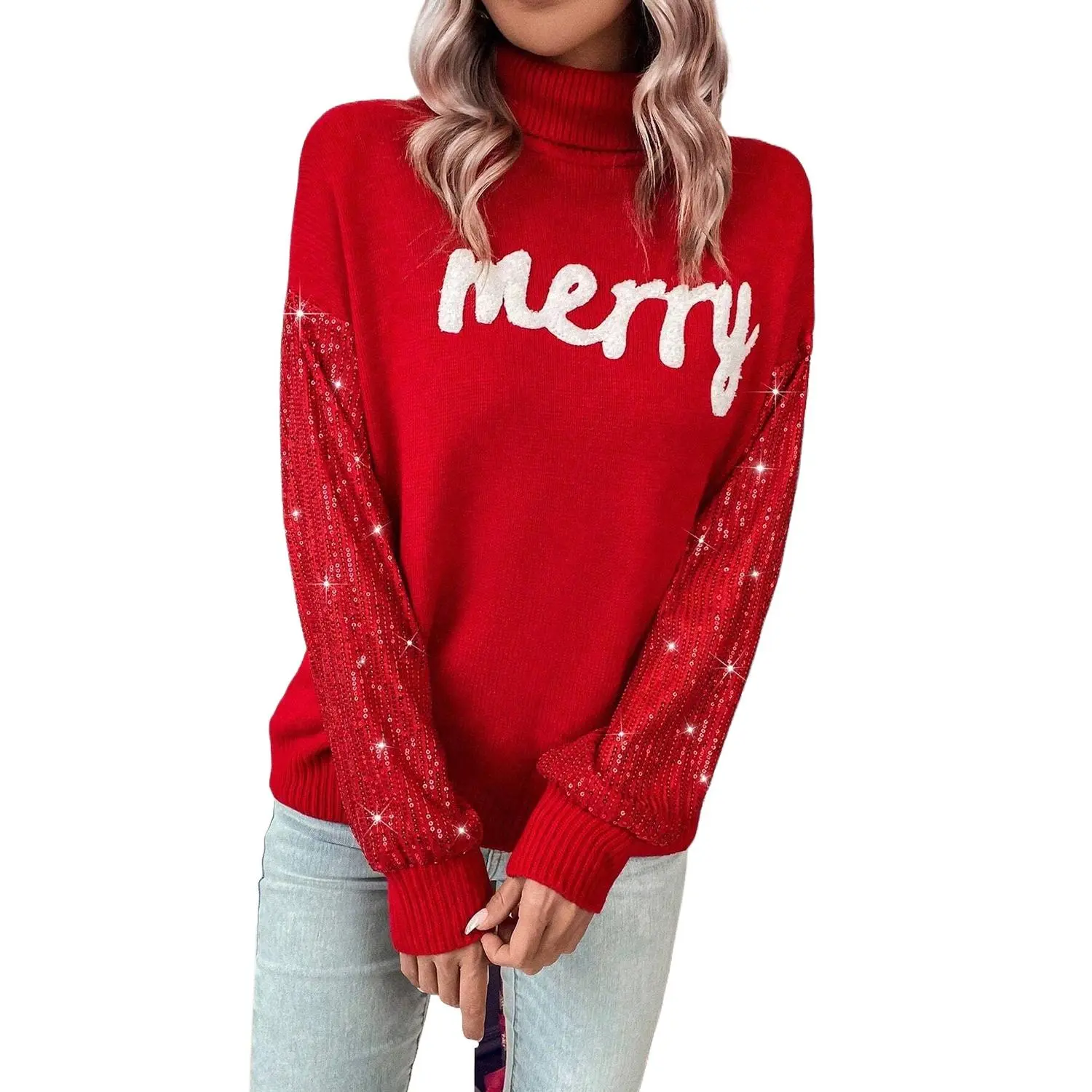 Women's 'Merry' Graphic Christmas Sweater, Casual Acrylic Turtleneck Pullover with Festive Red Sequin Long Sleeves, Long Sleeve, Tops, Sweatshirts, Outfits, Shift Silhouette, Longsleeves, Sequin Sleeves