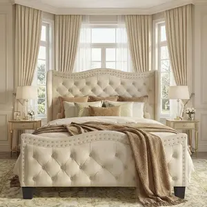 Queen Bed Frame with Headboard and Footboard, 50 Inch Tall Wingback Upholstered Platform Bed, Cream Ivory Velvet Button Tufted, Sturdy & Noise Free, No Box Spring Needed, Beige