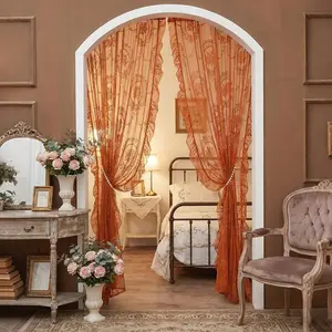 Orange Lace Curtains for Living Room, 84 Inches Long, 2 Panels Set, Boho Sheers with Floral Lace,  Floral, Rod Pocket, 52 x 84 Inch