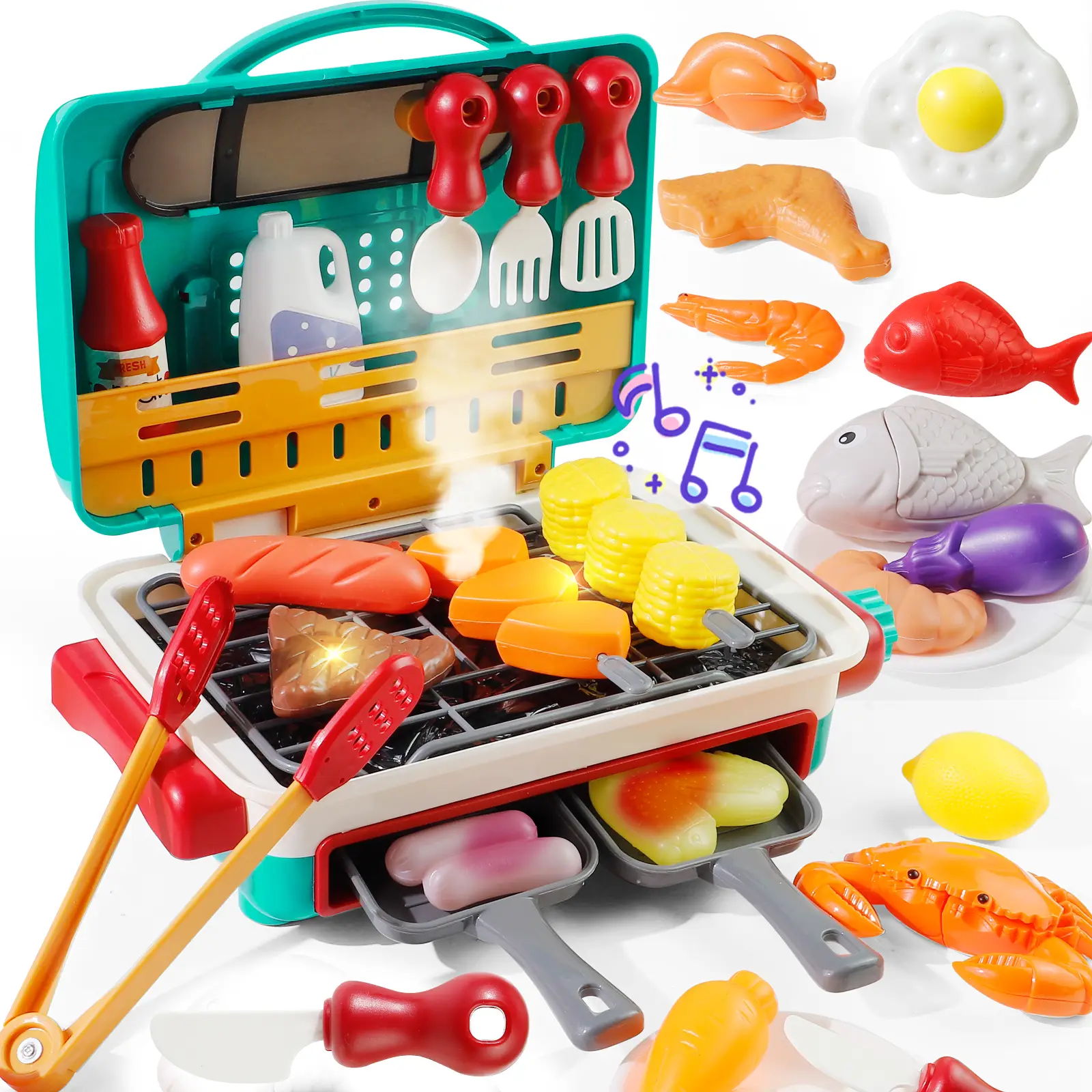 Kids BBQ Grill Toy Set with Smoke & Light, Interactive Barbecue Cooking Playset for Toddlers 3-5, Includes Hamburger, Sound Effects & Food Accessories