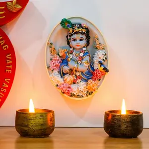 Oval-Shape Krishna Wall Hanging - 4.6”H Hindu God Lord Baby Krishna Idol with Flute Flowers Indian Polystone Murti Pooja Figurine Home Office Altar Mandir Temple Puja Decor